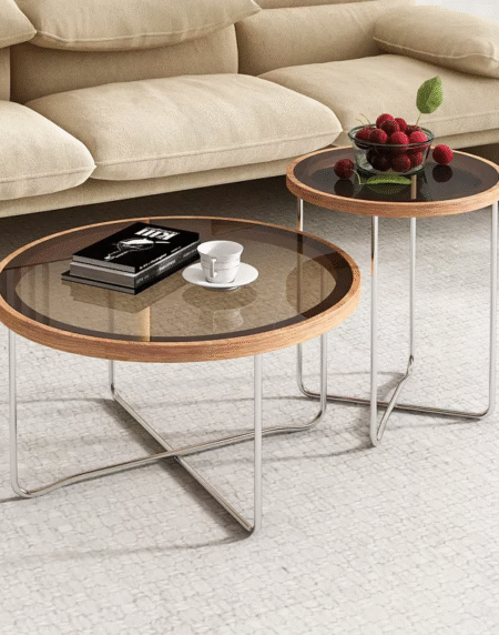 Fashion transparent side table gray black round glass coffee table industrial minimalist wooden small table